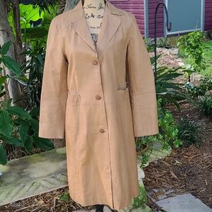 Max Studio vintage tan stitched 100% leather long coat. Sz M